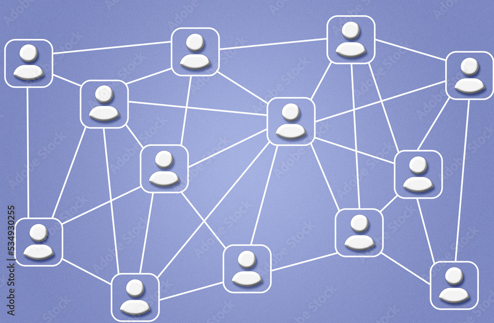 Illustration design of network with members connected with each other on purple very peri background. Social media, marketing, communication, teamwork, community, society. Illustration design of network with members connected with each other on purple very peri background. Social media, marketing, communication, teamwork, community, society.