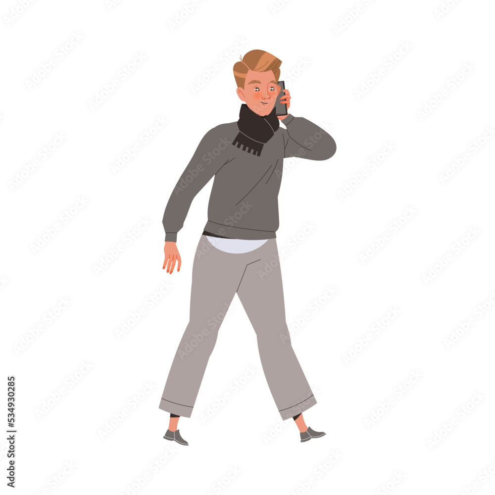 Young Man Walking and Talking with Smartphone Engaged in Phone Conversation Vector Illustration Young Man Walking and Talking with Smartphone Engaged in Phone Conversation Vector Illustration