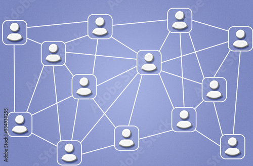 Illustration design of network with members connected with each other on purple very peri background. Social media, marketing, communication, teamwork, community, society.