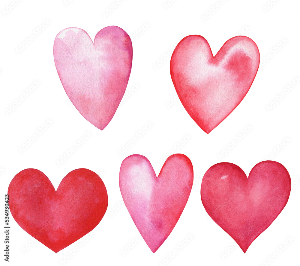Watercolor romantic set of red hearts, isolated on transparent background 