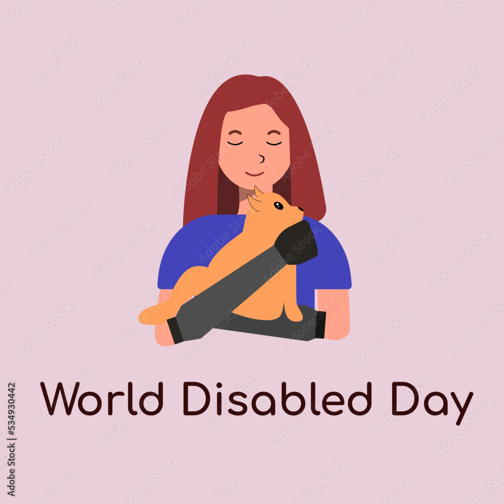 Flat illustration of a girl with prosthetic arms. A disabled girl holds a kitten in her hands. People with disabilities. International Day of Persons with Disabilities. World disabled day. Flat illustration of a girl with prosthetic arms. A disabled girl holds a kitten in her hands. People with disabilities. International Day of Persons with Disabilities. World disabled day.