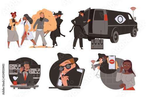 Special Services Spying and Monitoring People with Man in Black Hat and Coat Tracking Someone Vector Set