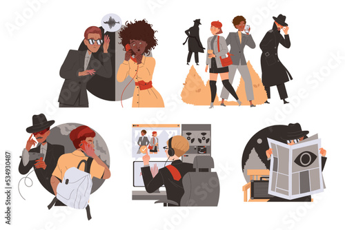 Special Services Spying and Monitoring People with Man in Black Hat and Coat Tracking Someone Vector Set