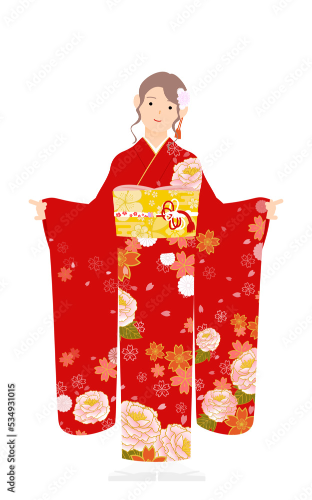 Naklejka premium 振袖の女性(和服姿)、袖をつまんで可愛いポーズを取る