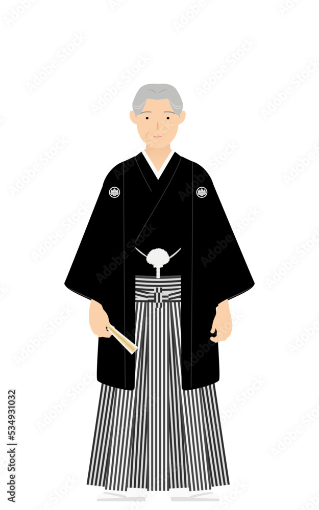 紋付袴のシニア男性（和服姿）、扇子を持ってポーズを取る