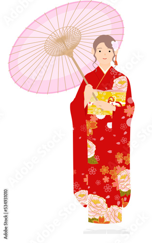 振袖の女性（和服姿）、番傘を持つ
