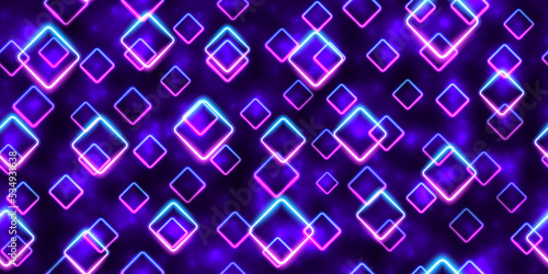 Purple and blue neon diamonds seamless pattern. Glowing blacklight. Floating futuristic led frames abstract background. Night party energy backdrop. Mobile screens motion