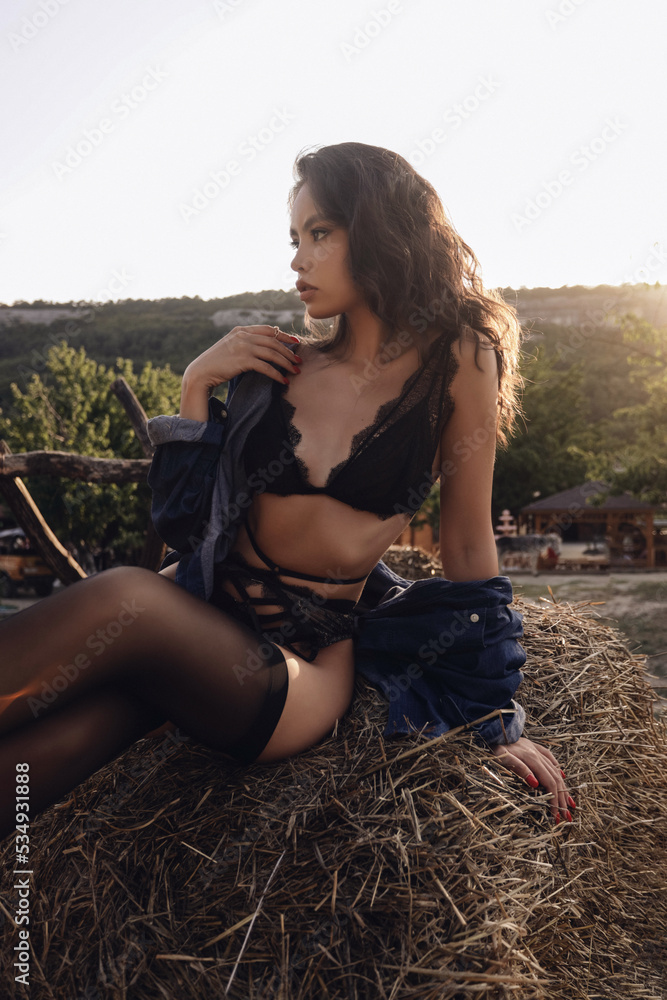 beautiful woman with dark hair in elegant lingerie posing in the hayloft on  sunset Stock Photo | Adobe Stock