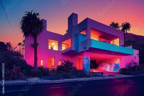 night view of the house in the morning "3D illustration" or "3D rendering" (selective focus) (colorful)