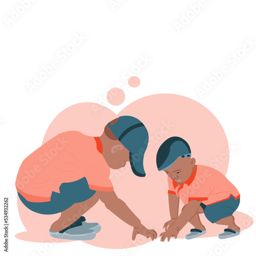 Two little boys wearing cap and kneeling on the floor are playing together.Preschool kids are playing together on floor on white background.Vector illustration flat design concept for children’s days.