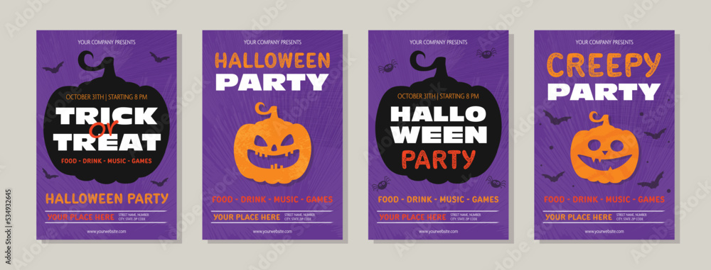 Design of Halloween Party poster with funny pumpkin. Collection of cards. Vector illustration