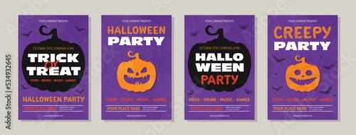 Design of Halloween Party poster with funny pumpkin. Collection of cards. Vector illustration