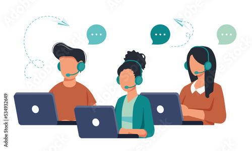 Vector illustration, customer service, hotline operator advises customer, online global technical support, customer and operator vector. Technicians with lap tops