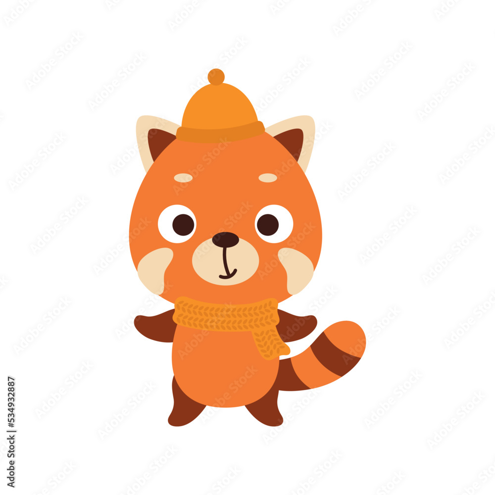 Cute little red panda in hat and scarf. Cartoon animal character for kids t-shirts, nursery decoration, baby shower, greeting card, invitation, house interior. Vector stock illustration Cute little red panda in hat and scarf. Cartoon animal character for kids t-shirts, nursery decoration, baby shower, greeting card, invitation, house interior. Vector stock illustration