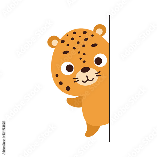 Cute little jaguar peeking around corner on white background. Cartoon animal character for kids t-shirt, nursery decoration, baby shower, greeting card, house interior. Vector stock illustration