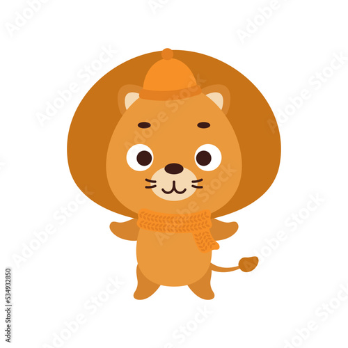 Cute little lion in hat and scarf. Cartoon animal character for kids t-shirts  nursery decoration  baby shower  greeting card  invitation  house interior. Vector stock illustration