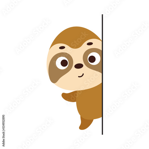 Cute little sloth peeking around corner on white background. Cartoon animal character for kids t-shirt, nursery decoration, baby shower, greeting card, house interior. Vector stock illustration