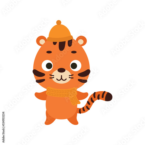 Fototapeta Naklejka Na Ścianę i Meble -  Cute little tiger in hat and scarf. Cartoon animal character for kids t-shirts, nursery decoration, baby shower, greeting card, invitation, house interior. Vector stock illustration
