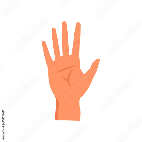 Hand gestures and nonverbal communication. Isolated raised palm, asking question or stop sign. Waving arm symbol of greeting and saying hi. Vector in flat style
