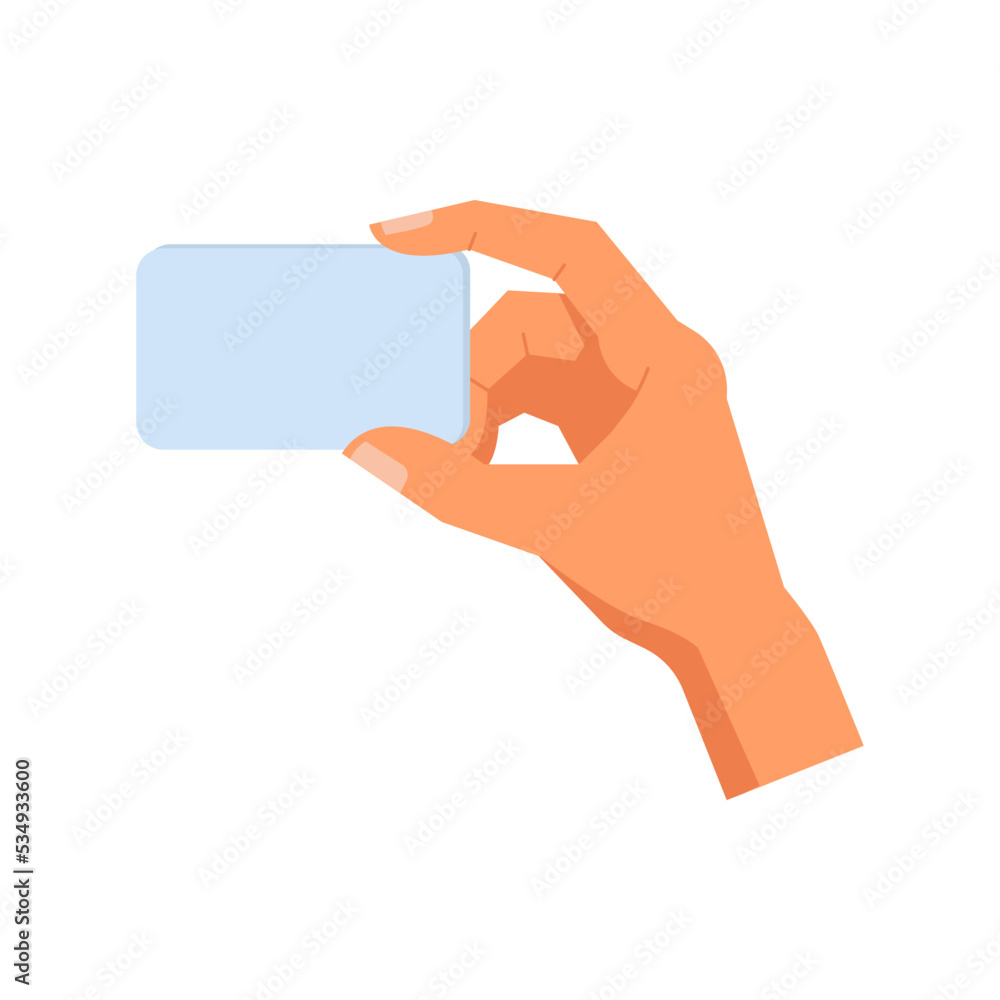 Hand holding empty bank card, flat cartoon. Vector blank business bankcard in man or woman hand, male or female holding paper or plastic card for shopping and purchases Hand holding empty bank card, flat cartoon. Vector blank business bankcard in man or woman hand, male or female holding paper or plastic card for shopping and purchases