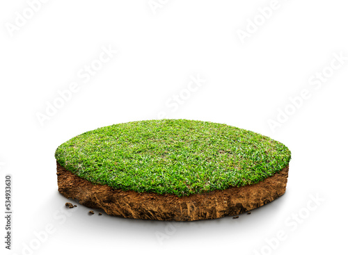 3D Illustration, round soil ground cross section with earth land and green grass, realistic ground ecology, cutaway terrain floor with rock isolated on white background.