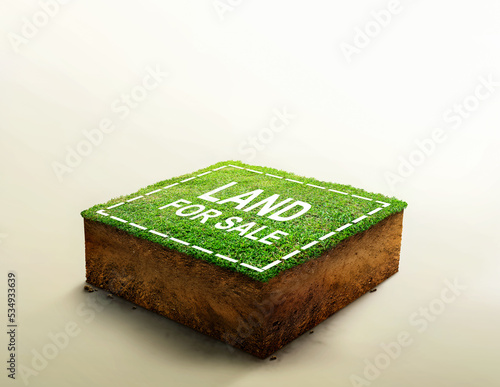 land for sale sign against lawn on cubicle soil and geology cross section with green grass, ground ecology isolated on light color. real estate sale, property investment concept. 3d illustration.