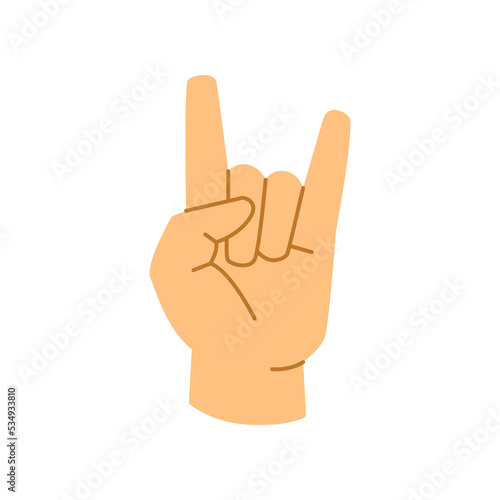 Sign of the horns, rock n rock music gesture, isolated hand with index and little finger pointed up. Non verbal communication. Flat cartoon, vector in flat style