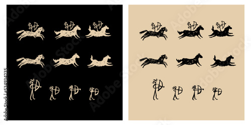 horse and man with warbow hunter petroglyphs ancient rock painting