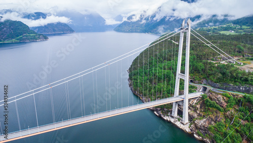 Aerial view of the Hardanger suspension bridge in Norway photo