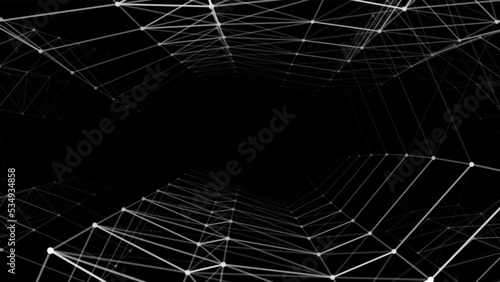 Abstract futuristic infinite tunnel. Dynamic wireframe black funnel. Fantasy fractal with lines and dots. Deep wormhole with particle flow. Vector illustration.