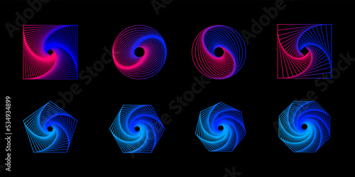 Set of 3D twisted blue and pink spirals. Geometry tunnel with lines. Abstract technology circle, square and polygons. Vector illustration.