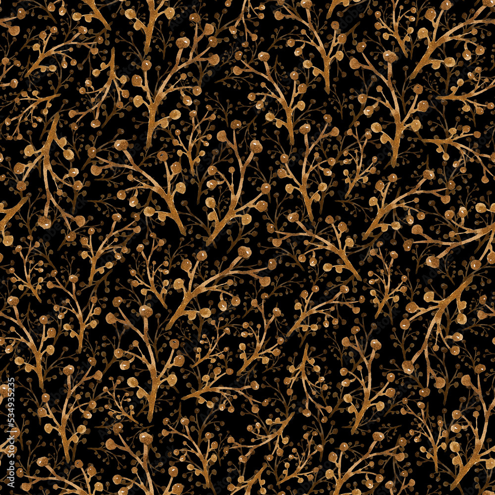 Watercolor painted golden floral seamless pattern on a black background ...
