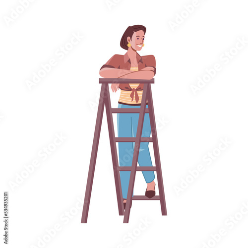 Female character doing renovations or fixing things at home. Isolated woman standing on ladder taking break from chores. Vector in flat cartoon styles