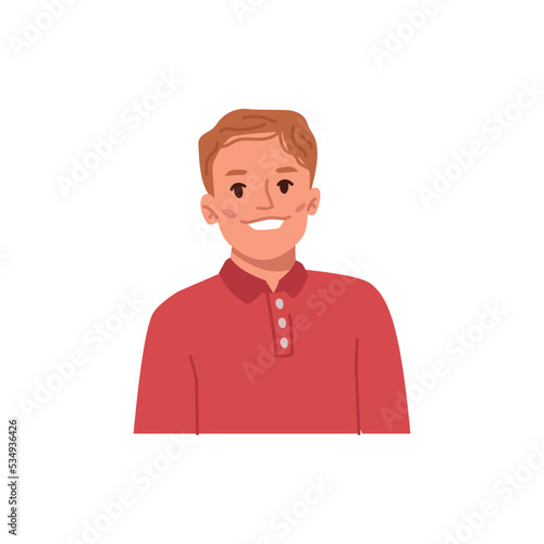 Portrait of happy cheerful boy, isolated kid avatar. Smiling male character, preteen or school student. Young teenager child. Vector in flat cartoon style