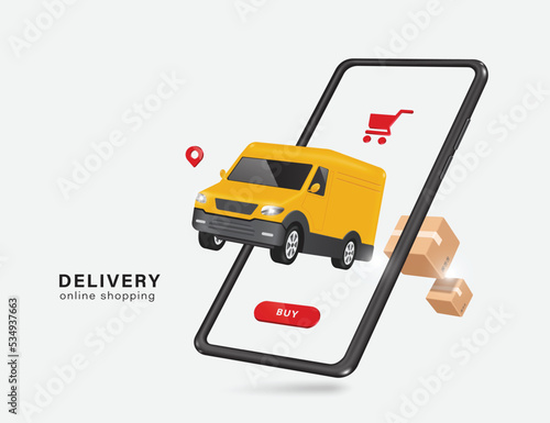 Yellow delivery vans and brown parcel boxes are flying from the smartphone screen,vector 3d isolated on white background for logistics,transport,delivery and online shopping concept design