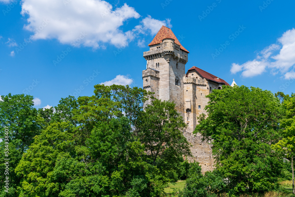 Liechtenstein Castle, Maria Enzersdorf, Lower Austria, on the edge of the Wienerwald. Ancient medieval castle in a green forest. Sunny summer day. Liechtenstein Castle, Maria Enzersdorf, Lower Austria, on the edge of the Wienerwald. Ancient medieval castle in a green forest. Sunny summer day.