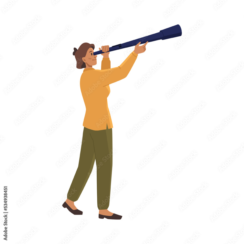 Female character using telescope looking up, isolated woman with zooming device exploring starry sky and celestial bodies. Vector in flat cartoon style Female character using telescope looking up, isolated woman with zooming device exploring starry sky and celestial bodies. Vector in flat cartoon style