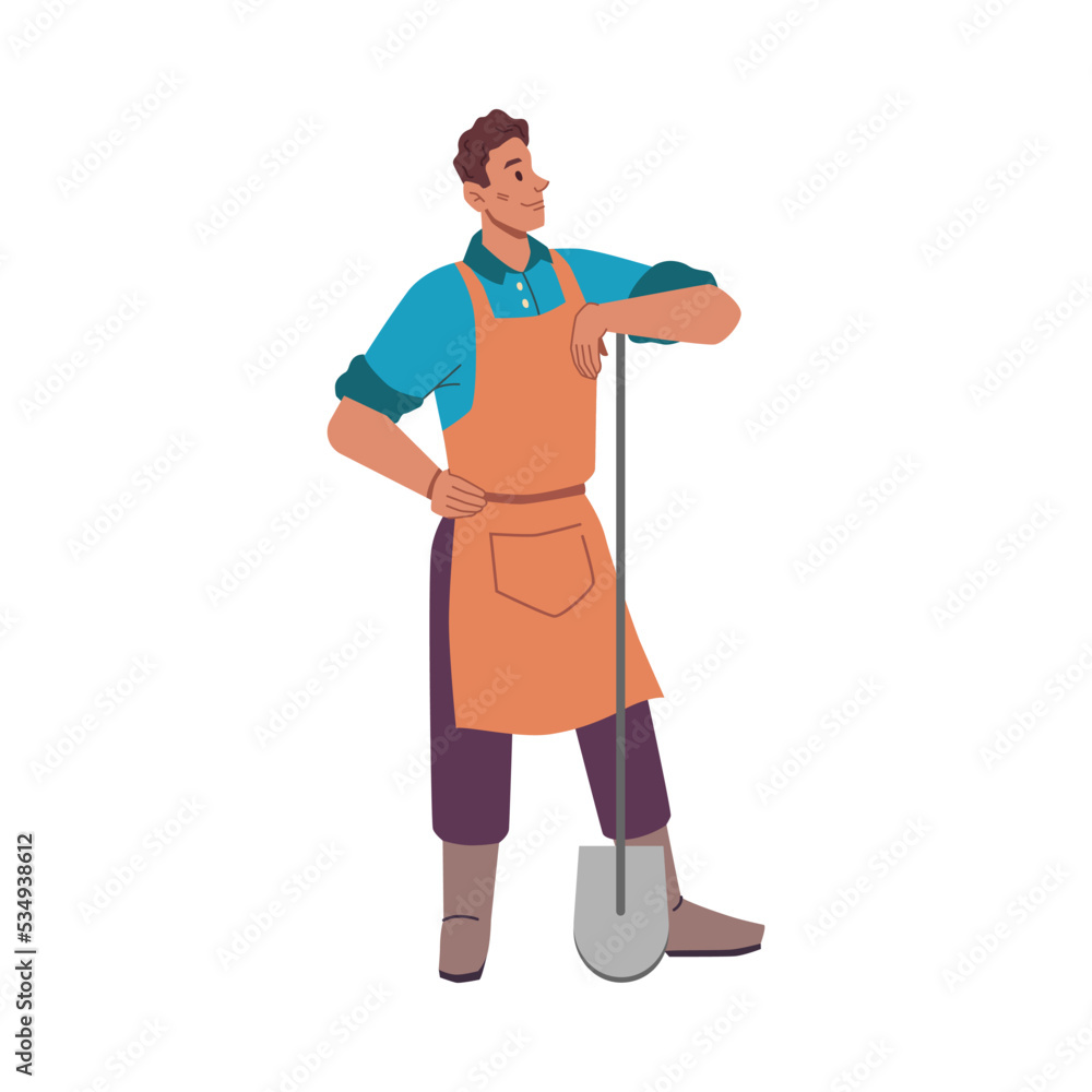 Male character with shovel working on field, isolated farmer in special clothes and apron. Gardening and farming, agriculture worker. Vector in flat cartoon style Male character with shovel working on field, isolated farmer in special clothes and apron. Gardening and farming, agriculture worker. Vector in flat cartoon style