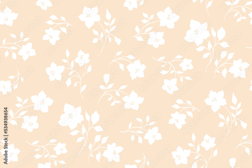 Seamless floral pattern, gentle ditsy print with small plants in rustic style. Abstract botanical arrangement of decorative flowers, leaves, branches on a pink background. Vector illustration.
