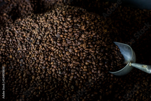 Coffee beans roasted from a coffee roaster Waiting for packing into bags to send to customers. © sudtawee