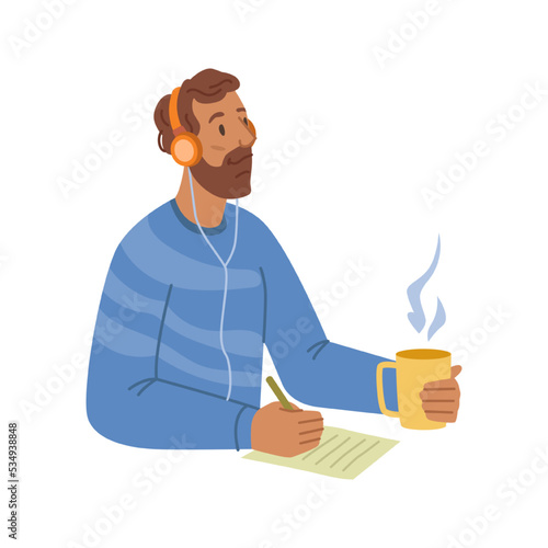 Male character listening to podcast or news writing down ideas. Man wearing headphones, drinking tea or coffee learning online. Vector in flat cartoon style