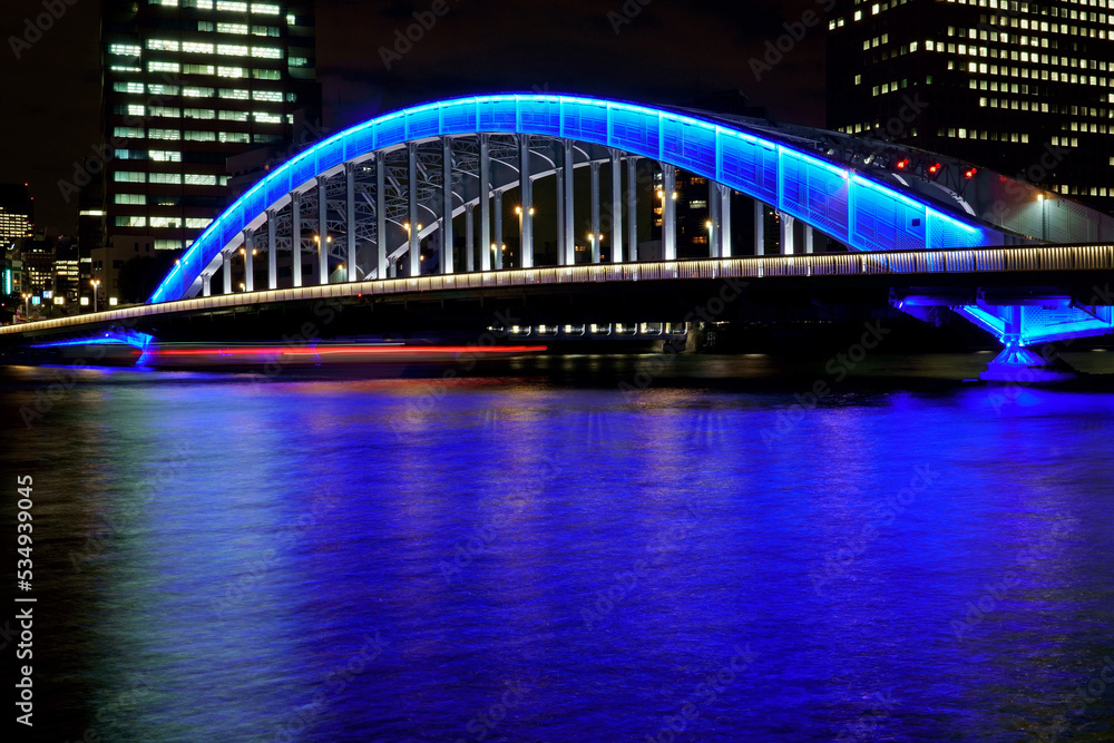 ブルーにライトアップされた永代橋と屋形船の軌跡