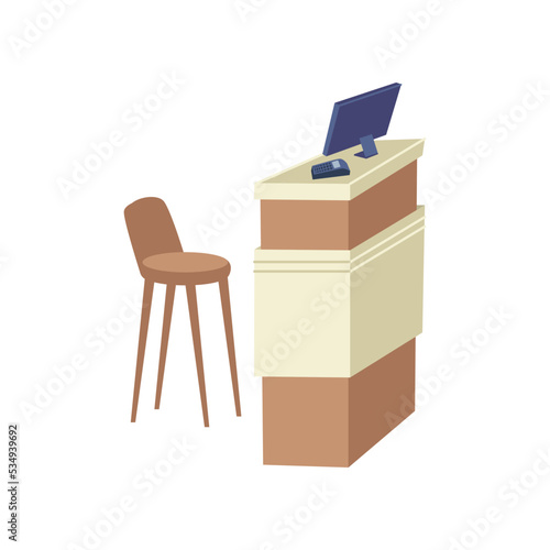 Shop or store cashiers desk with computer and terminal for processing payment. Furniture for boutique or shopping center. Vector in flat cartoon style