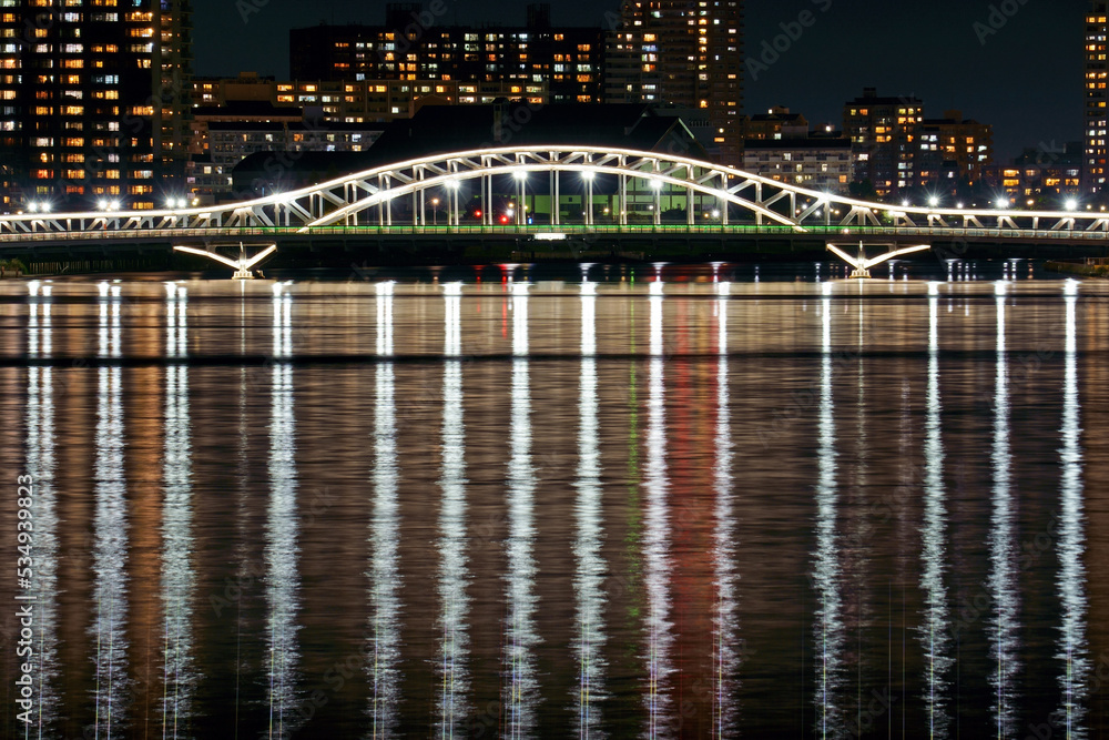 Obraz premium 水面の反射光が美しいライトアップされた白髭橋