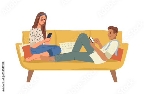 Couple sitting on couch playing on smartphones, reading news, chatting or watching videos. Phone and internet addition in family. Vector in flat cartoon style