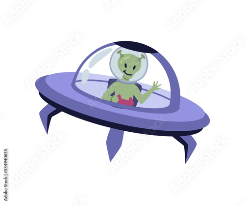 Unidentified flying object with alien, isolated extraterrestrial character in space. Universe and galaxy personages, spaceship. Vector in flat cartoon style