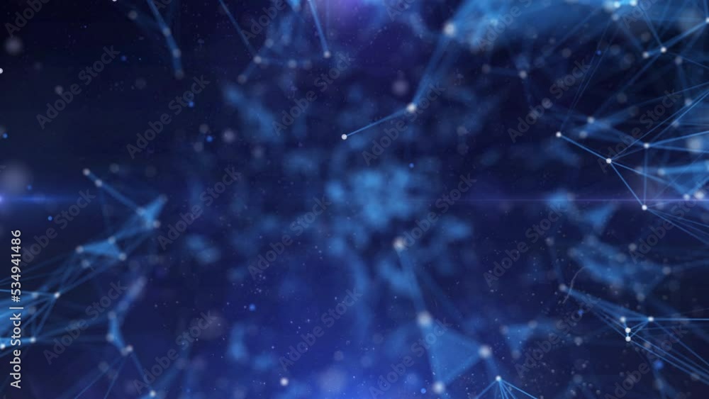 Abstract technology of low poly triangle shape with dots and lines network dynamic moving 4K motion on blue cyber space background.