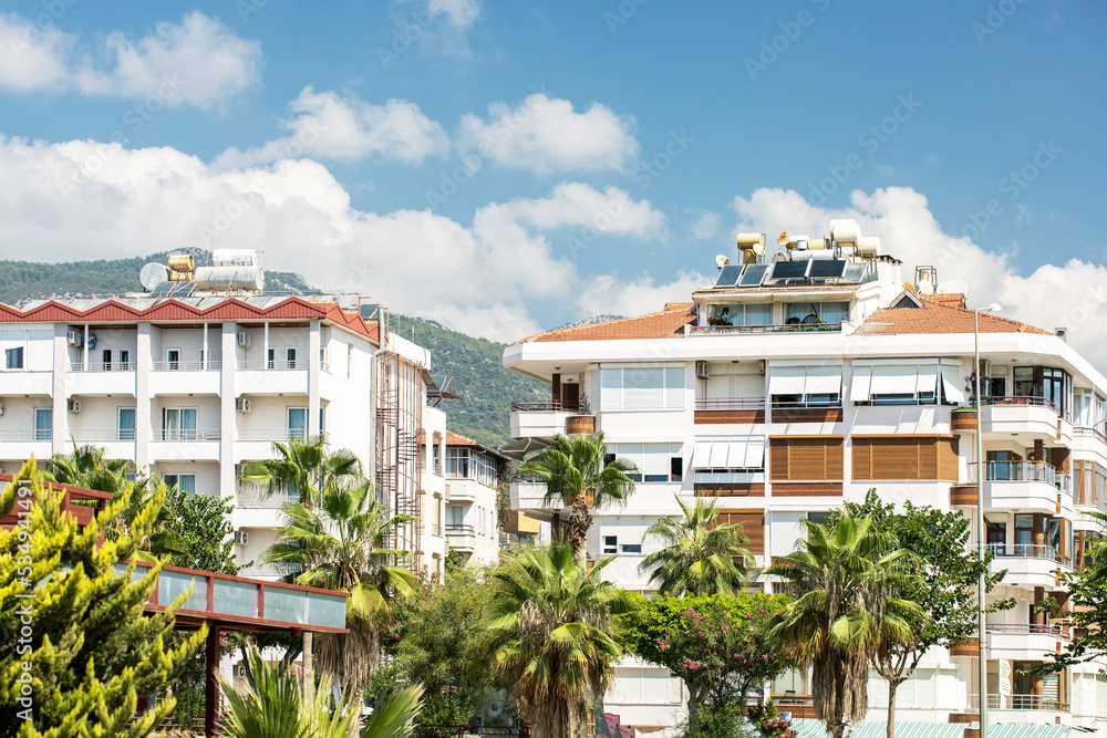 Residential real estate in Turkey. Apartment houses in Alanya, Turkey. Buy, rent houses concept.