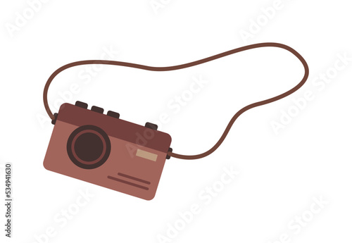 Camera device for recording visual images, taking photographs and videos. Photo shooting while traveling, professional tool. Vector in flat cartoon style