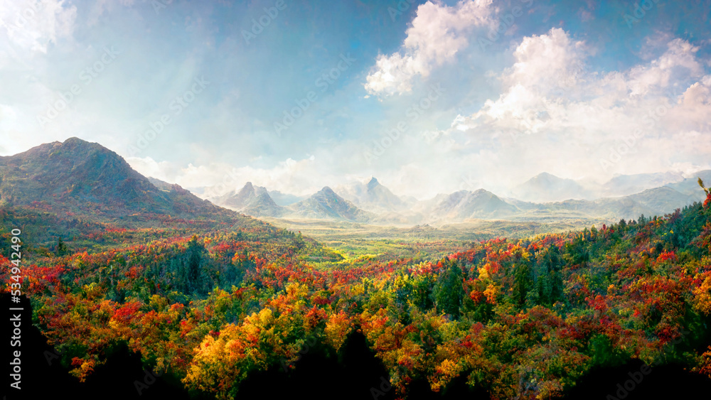 Natural scenery, landscape, autumn, mountains, autumn leaves, sky, digital illustration